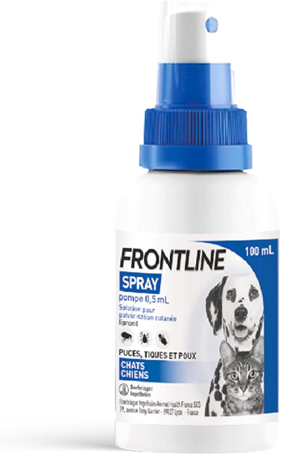 FRONTLINE Spray pompe 0,5ml - Antiparasitaire Chien & Chat - Anti-puces, Anti-Tiques - Traitement d'Urgence en cas d'Infestation Massive par les puces et tiques - Pour Chiens & Chats - 100 ml